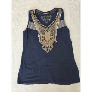 Paparazzi‎ Navy Blue Embroidered V Neck Sleeveless Tunic Top Size L